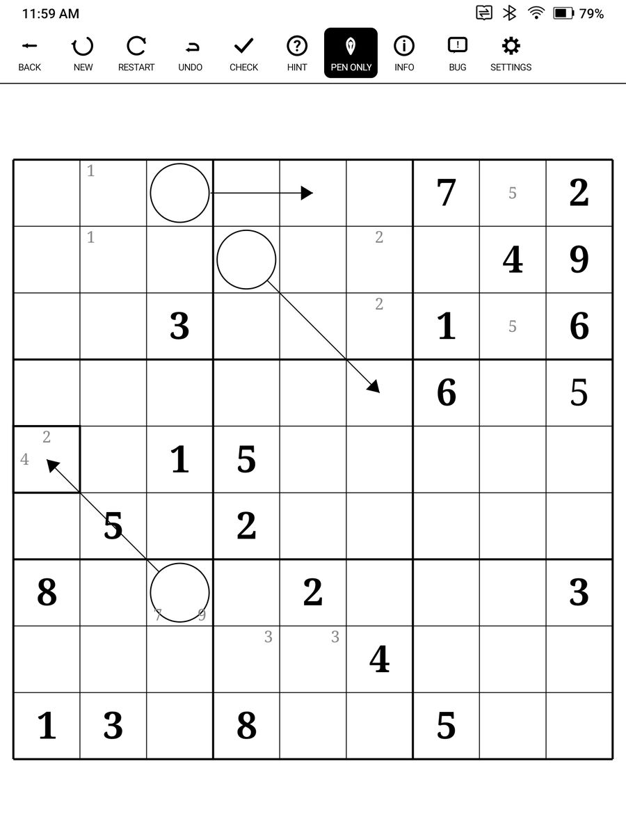 Pen Arcade — Arrow Sudoku mid-game on an e-ink tablet